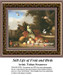 A still life scene with assorted fruits and three birds, an artwork by Tobias Stranover, rendered as a counted cross stitch pattern.