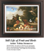 A detailed counted cross-stitch pattern preview of Tobias Stranover's painting, "Still Life of Fruit and Birds." The Baroque decorative design features overflowing ripe fruits and intricate songbirds on a classical terrace, capturing opulent abundance.