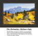 A landscape cross stitch design of The Dolomites in Belluno, Italy, shows golden hills with pines and large boulders against ghostly mountains.