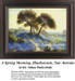 A tree with a feathery canopy stands over a field of bluebonnet wildflowers and cacti, rendered as an xstitch chart from Julian Onderdonk's painting.