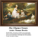 Four young women enjoy a canoe ride by the river, with two swans nearby, arranged as a counted cross stitch design by Thomas Brooks.