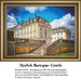 A grand baroque castle with a yellow facade and dramatic stairway, illustrated in this printable pattern, under vivid blue skies and fluffy clouds.