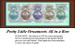 A row of five ornaments in teal, rose, purple, champagne, and green, each tied with bows, displayed as a cross stitch kit.