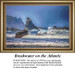 A rocky breakwater stands against crashing waves under a clear sky, presented as a digital pattern by Sunrays Creations for cross stitch enthusiasts.
