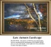 A white birch tree stands by a lake, barren of leaves, with autumn remnants arranged as a counted cross stitch design.