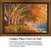 A row of plane trees with orange and gold leaves arches over a serene lake, shown as a PDF pattern for cross stitch projects.