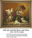 A still life of red roses and white lilacs is presented as a counted cross stitch pattern, waiting as your next cross stitch project.