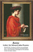 A young woman in a carmine drapery holds a letter and a beaded necklace, preserved as a counted cross-stitch pattern by Sir Edward John Poynter.