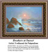 Waves crash against dark rocks at sunset in this counted cross stitch kit based on "Breakers at Sunset" by Ferdinand du Puigaudeau.