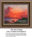 A vivid sunset with fiery oranges and reds envelops a calm sea, designed as a PDF pattern based on the work of artist Ferdinand du Puigaudeau.