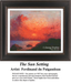 A vivid sunset with fiery oranges and reds envelops a calm sea, designed as a PDF pattern based on the work of artist Ferdinand du Puigaudeau.