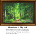 A serene forest path lined by lush green trees, captured as a counted cross stitch pattern. A perfect invitation to stroll through nature!