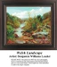 A vibrant landscape filled with trees and rocks beside a stream under a blue sky, arranged as a counted cross stitch design.