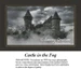 A dramatic black and white castle stands shrouded in fog, surrounded by overgrown trees and birds in the sky, presented as a downloadable pattern.