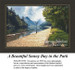 A serene park scene with a winding path beside a calm waterway, framed by tall trees and distant mountains, designed as a counted cross stitch kit.