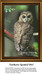 A Northern Spotted Owl with prominent dark eyes sits perched on a branch, surrounded by soft forest greenery, in this detailed cross stitch design.