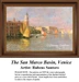 A detailed counted cross-stitch pattern preview of Rubens Santoro's painting, "The San Marco Basin, Venice." The luminous maritime design showcases a wide, open canal basin filled with classical gondolas and watercraft under a brilliant blue sky, with the historic skyline of Venice stretching along the horizon, all illuminated by a warm, shimmering sun.