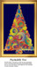 A colorful tree made of circles and patterns, stitched as a cross stitch design against a navy blue background, adding a vibrant, groovy touch.