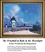 A serene windmill stands amid colorful flowers and rocky fencing under a glowing sky, come to life as a counted cross stitch design.