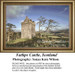 A stone tower stands on a grassy knoll, surrounded by trees and rolling hills in this large cross stitch pattern of Fatlips Castle, Scotland.