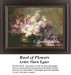 A brass antique vase overflows with flowers in shades of white, lavender, and fuchsia, transformed into a counted cross stitch pattern.