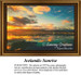 A vibrant dawn with golden clouds above a turquoise sky, reflecting in a tranquil lake, shown in this PDF pattern for a cross stitch project.