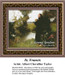 St. Francis stands barefoot and praying in a garden by a pond, surrounded by birds and colorful flowers, perfect for your next cross stitch project.