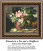 Potted primroses and a Chaffinch rest on a stone table, brought to life as a counted cross stitch pattern by artist John Wainwright.