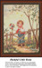 A young boy stands shyly by a wooden fence, holding a bouquet of flowers, portrayed in this counted cross stitch pattern titled Bashful Little Beau.