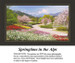 A vibrant spring landscape with colorful blossoms and mountains in the distance, preserved as a counted cross stitch pattern.