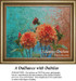 A vibrant counted cross stitch chart of coral dahlias with petal formations, set against a backdrop of teal, aqua, blue, and peach colors.