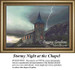 A dark, stormy sky looms over a sturdy chapel, with flashes of lightning illuminating the scene, perfectly suited for a digital file to stitch.