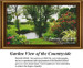 A landscape scene with a lush flower garden, verdant trees, and a flowing river, shown as a large cross stitch pattern by Sunrays Creations.