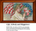 A woman holding flowers stands proudly under an umbrella adorned with stars, alongside the American flag in this BAP cross stitch pattern.