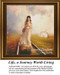 A young woman in a flowing dress stands on railroad tracks, contemplating her path, available as a counted cross stitch pattern.