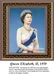 A formal portrait of Queen Elizabeth II from 1959, available as a downloadable pattern for cross stitch on aida cloth using DMC floss.