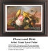 A floral arrangement with pink roses and various fruits, accompanied by two yellow birds, designed as a BAP cross stitch by Franz Xaver Petter.