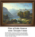 A picturesque view of Lake Geneva with rocky shores, lush trees, and towering mountains, designed as a cross stitch pattern by Alexandre Calame.