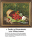 A basket tips over, spilling ripe red strawberries and a few white flowers onto a tree stump, translated into a counted cross stitch design.