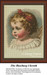 A chubby cherub with rosy cheeks and a red bow in her curly hair, depicted in this cross stitch kit on a soft aida cloth background.