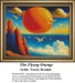 A bright orange orb floats in a blue sky dotted with clouds above rocky cliffs and a serene ocean, designed as a digital pattern for cross stitch.