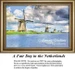 A serene lake scene with traditional windmills along the shore under a cloudy sky, offered as a PDF chart by Sunrays Creations.