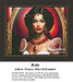 A woman with dark, curly hair wears ruby jewelry and red lips, framed as a counted cross stitch chart.
