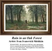 A detailed counted cross-stitch pattern preview of Ivan Ivanovich Shishkin's Russian Realist masterpiece, "Rain in an Oak Forest." The atmospheric scene depicts people with umbrellas strolling through a majestic oak grove on a rainy, mist-filled woodland path under soft, ambient light.
