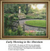 A serene garden scene with park benches, a lamp post, and neatly trimmed grass, designed as a counted cross stitch design for tranquil moments.