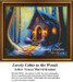A cozy cabin glowing warmly amidst tall trees, shining lights on a winding path, designed as a counted cross stitch pattern by Sunrays Creations.