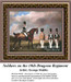 A soldier on horseback leads the 10th Dragoon Regiment, with three soldiers standing in formation against a moody sky, presented as a digital file.