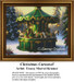 A carousel with white horses and a green canopy sits in a snowy forest, surrounded by tall blue spruces, perfect for a BAP cross stitch project.