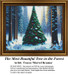 A tall pine tree in a snowy forest, adorned with red ornaments and nestled among frosted evergreens, designed as a counted cross stitch pattern.