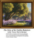 A landscape PDF pattern of Raintrees in a lush grove surrounded by pink peonies, glistening after a rain with sturdy tree trunks and soft foliage.
